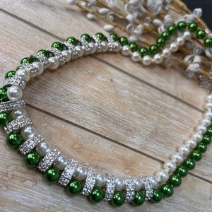 Estate sale find - green and white faux pearl with rhinestone spacers necklace